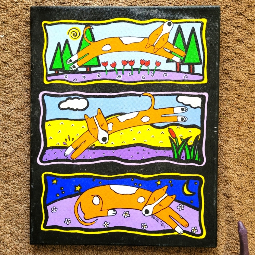 Orange Dog Triple - Painting - Anna Henderson 2002 Certificate of Authenticity